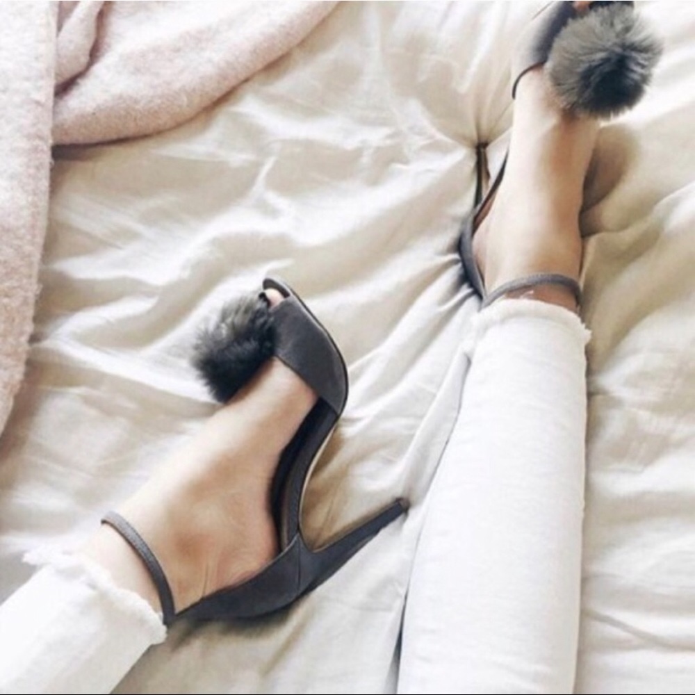 Chinese Laundry Grey Puff Pom Pom Strap Heels